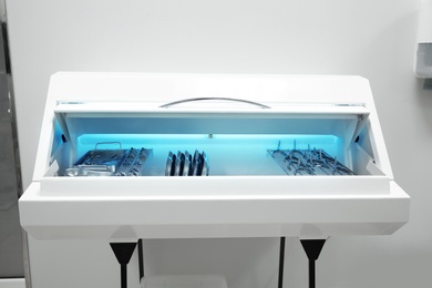 Ultraviolet sterilizer with ENT medical instruments in clinic