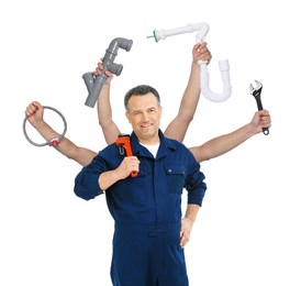 Plumber with different tools on white background. Multitasking handyman