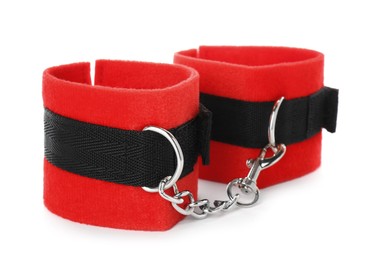 Wrist handcuffs on white background. Accessory for sexual roleplay