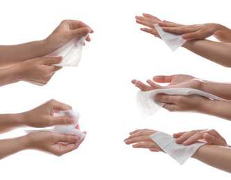 Closeup view of people cleaning hands with wet wipes on white background, collage