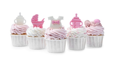 Photo of Beautifully decorated baby shower cupcakes for girl with cream and toppers on white background