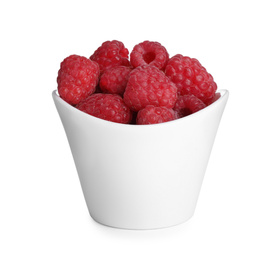 Fresh ripe raspberries in bowl isolated on white