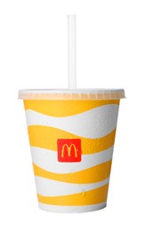 MYKOLAIV, UKRAINE - AUGUST 11, 2021: Cold McDonald's drink isolated on white