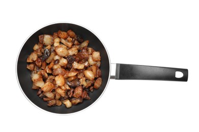Tasty cracklings in frying pan isolated on white, top view. Cooked pork lard