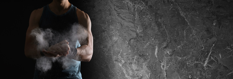 Collage with photo of strong man applying magnesium powder in modern gym and grunge surface. Banner design, space for text