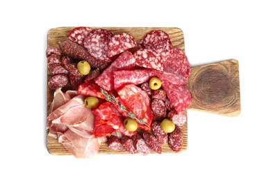 Photo of Wooden board with tasty prosciutto and other delicacies isolated on white, top view