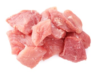 Pieces of raw meat isolated on white, top view