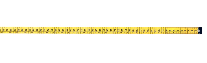 Long yellow measuring tape isolated on white, top view