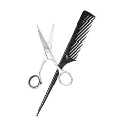 New scissors and comb on white background, top view. Professional tool for haircut