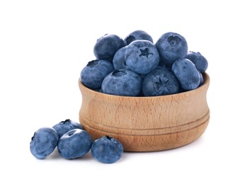 Photo of Bowl with tasty fresh ripe blueberries on white background