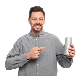 Happy man holding tin can with beverage on white background