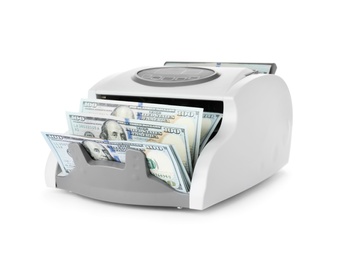 Modern electronic bill counter with money on white background