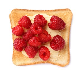 Tasty toast with butter and raspberry isolated on white, top view