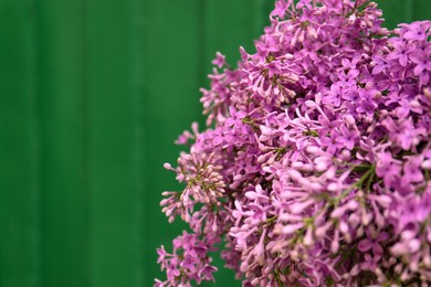 Beautiful lilac flowers on green wooden background, closeup. Space for text