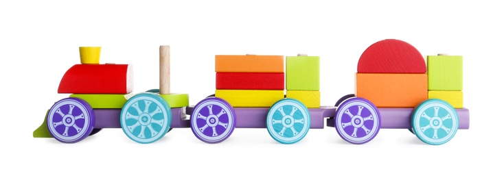 Colorful wooden toy train isolated on white