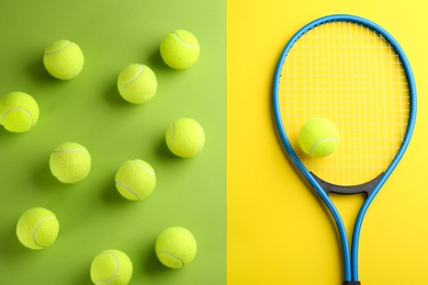 Tennis racket and balls on color background, flat lay. Sports equipment
