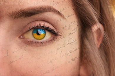 Double exposure of young woman and text, closeup view of eye with Ukrainian flag reflection