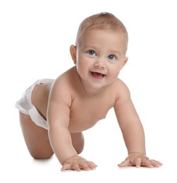 Photo of Cute little baby in diaper crawling on white background