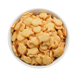 Delicious goldfish crackers in bowl isolated on white, top view