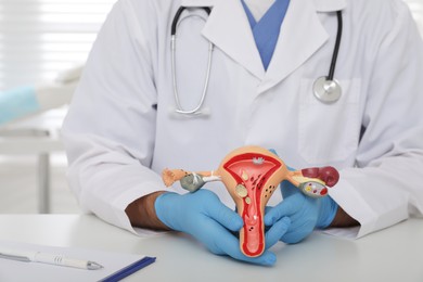 Gynecologist demonstrating model of female reproductive system at table in clinic, closeup