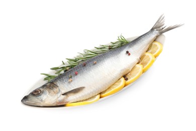 Photo of Plate with salted herring, slices of lemon, peppercorns and rosemary isolated on white