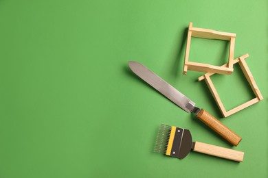 Beekeeping tools on green background, flat lay. Space for text