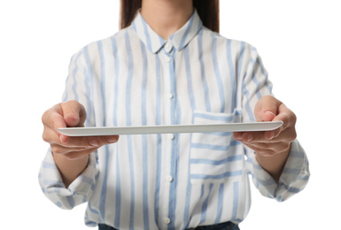 Businesswoman holding tablet computer on white background, closeup