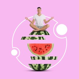 Happy man meditating on top of cut watermelon against pink background. Bright creative design