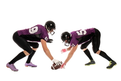 Men in uniform playing American football on white background