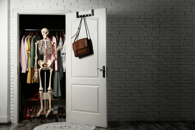 Photo of Artificial human skeleton model in wardrobe room, space for text