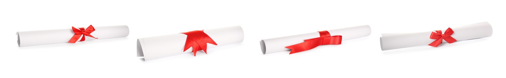 Rolled student's diplomas with red ribbons on white background, collage. Banner design