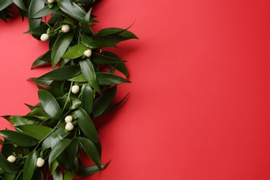 Beautiful handmade mistletoe wreath on red background. Space for text