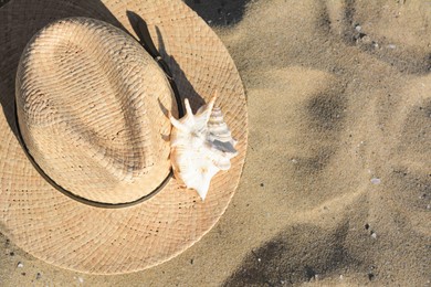 Stylish straw hat and sea shell on sandy beach, top view. Space for text
