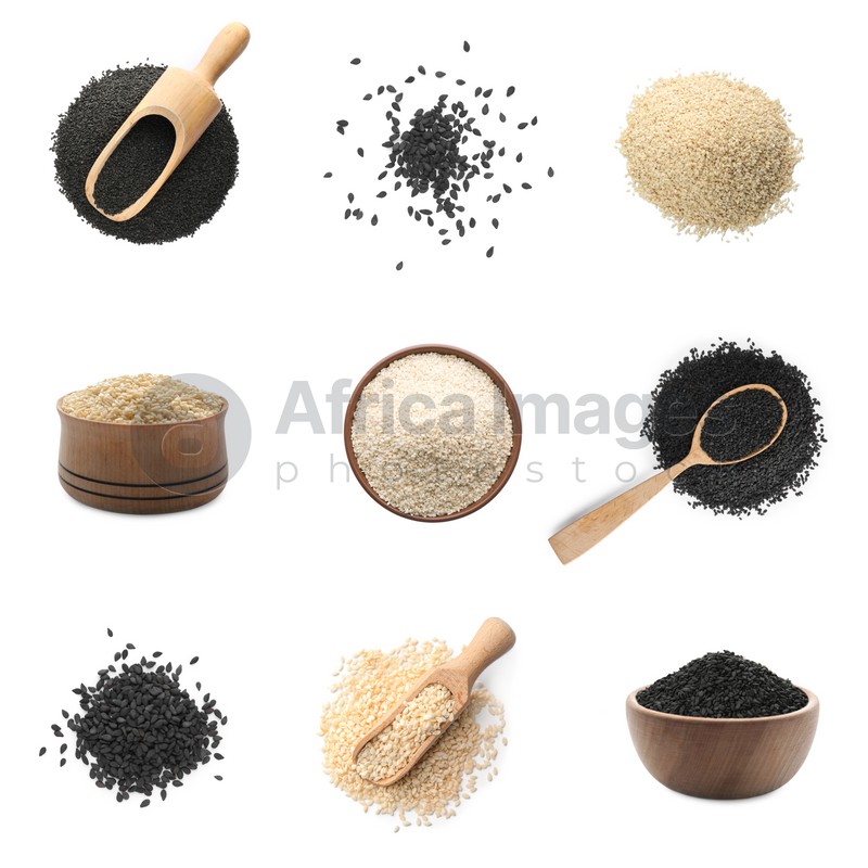 Set with different sesame seeds on white background