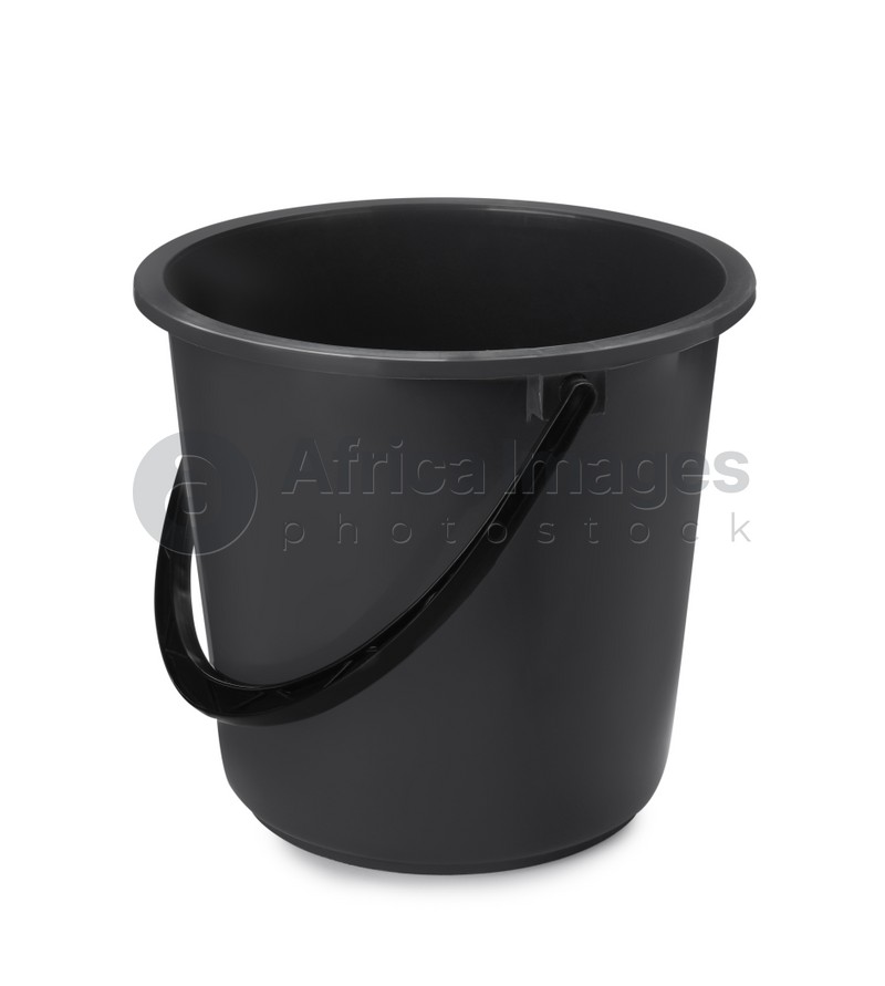 Empty black plastic bucket isolated on white