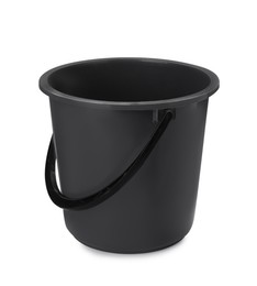 Empty black plastic bucket isolated on white