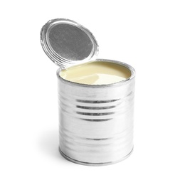 Tin can with condensed milk on white background. Dairy product