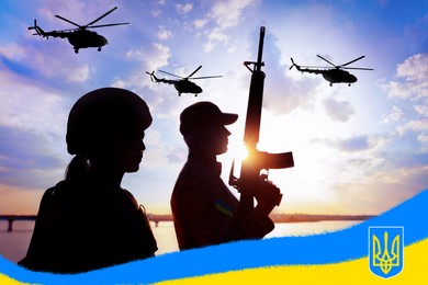 Stop war in Ukraine. Silhouettes of soldiers and military helicopters outdoors. Ukrainian flag and Trizub