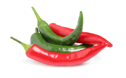Photo of Ripe hot chili peppers on white background