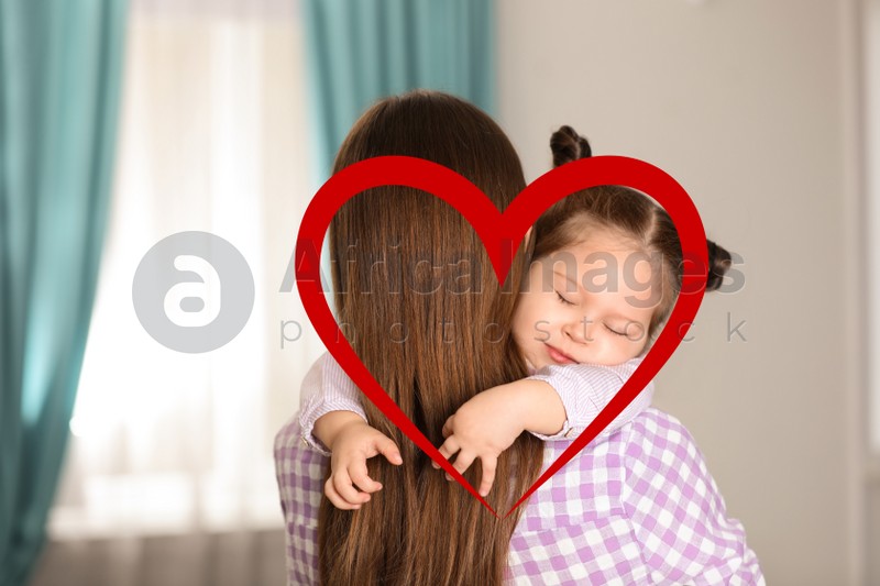 Illustration of red heart and mother with little daughter at home