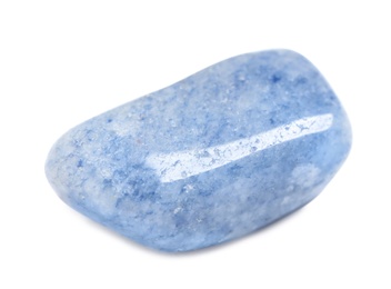 Photo of Beautiful blue quartz gemstone on white background