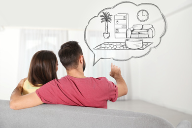 Moving to new house. Couple imagining living room arrangement. Illustrated interior design in speech bubble