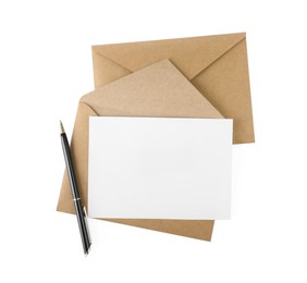 Brown envelopes, blank letter and pen isolated on white, top view