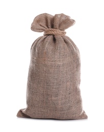 Tied burlap bag isolated on white. Organic material