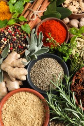 Different fresh herbs and spices as background, top view