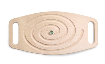 Photo of Wooden labyrinth balance board isolated on white, top view. Montessori toy