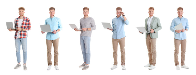 Image of Collage of young men with laptops on white background. Banner design 