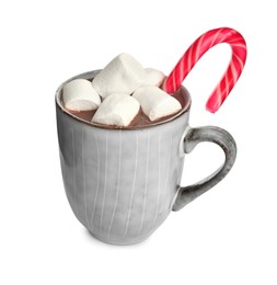 Cup of delicious hot chocolate with marshmallows and candy cane isolated on white