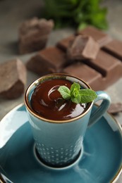 Cup of delicious hot chocolate with fresh mint on grey table, closeup