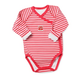 Striped bodysuit isolated on white, top view. Christmas baby clothes